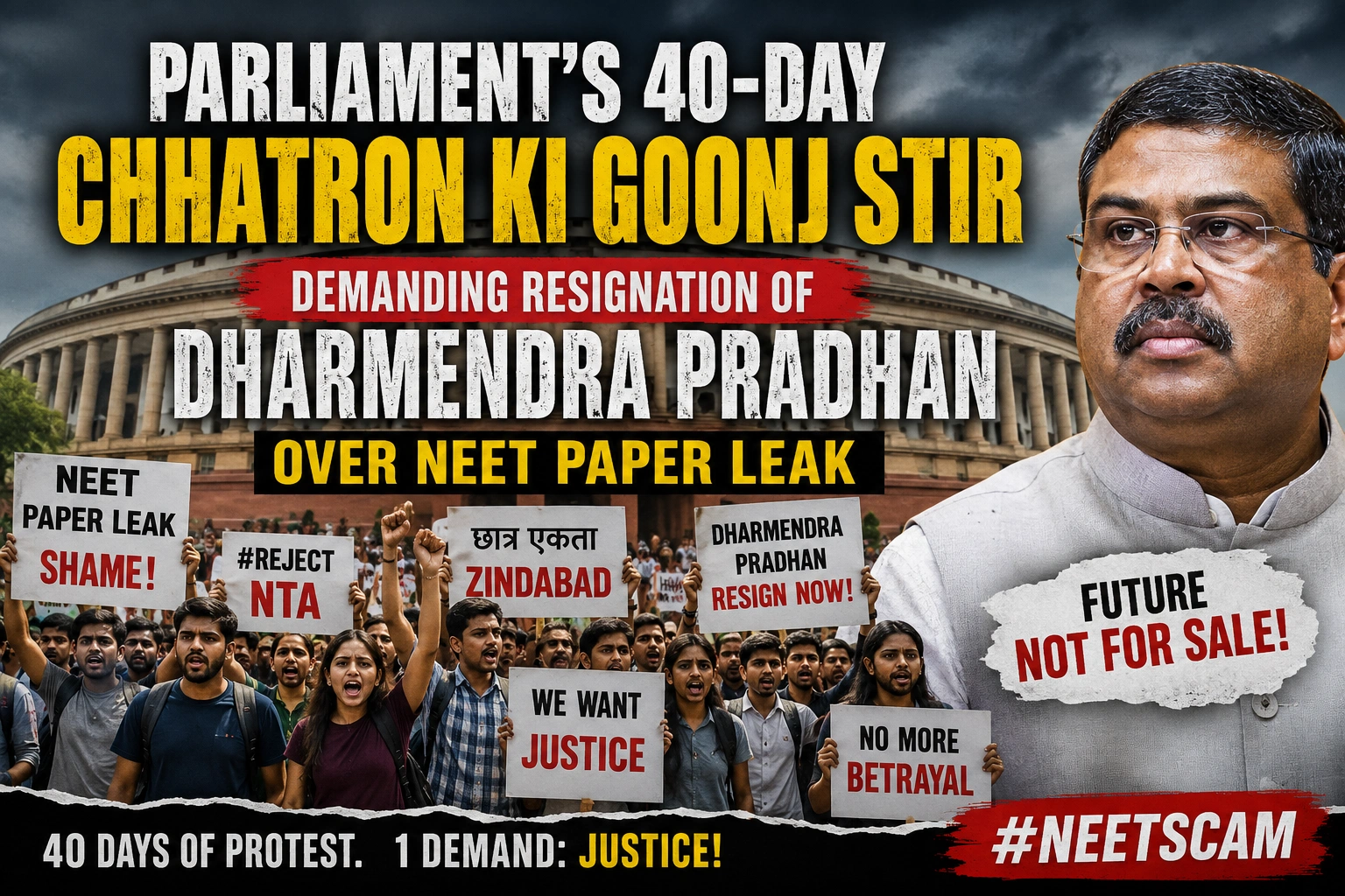 Parliament’s 40-Day Chhatron Ki Goonj Stir: Demanding Resignation of Dharmendra Pradhan Over NEET Paper Leak
